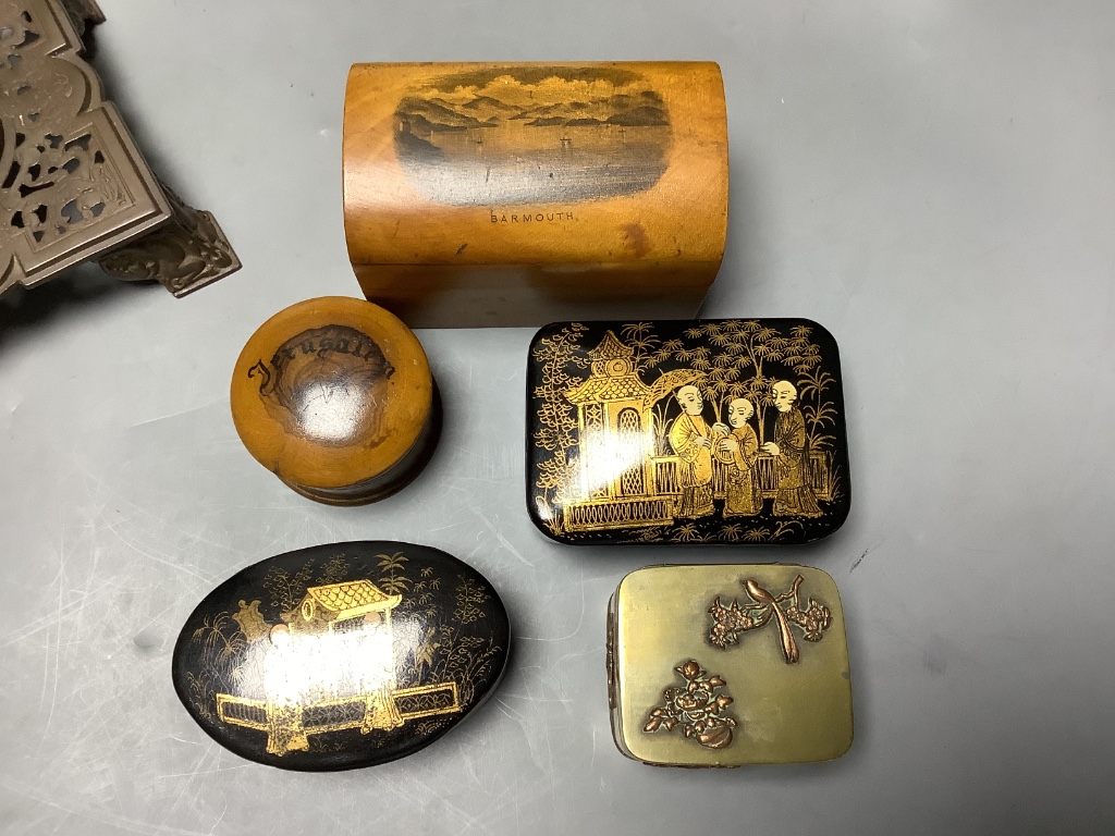 A pair of Max Hartmann copper alloy candlesticks, Georgian tea caddy, Treen and papier-mâché boxes